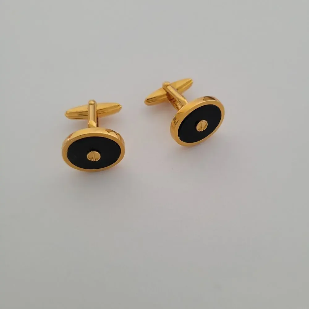 Dunhill Vintage Round Cufflinks Tie Clasp Clip Bar Set Black Onyx Gold Logo Box